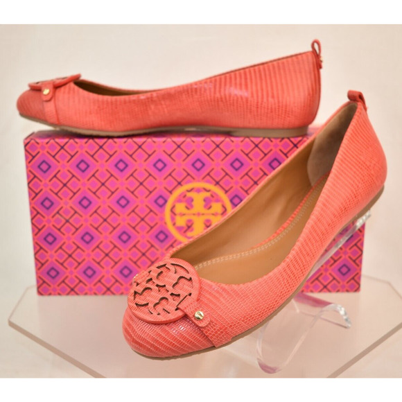 NIB TORY BURCH ORANGE MINI MILLER LIZARD PRINT LEATHER BIG REVA FLATS 8 BRAZIL - Picture 1 of 12